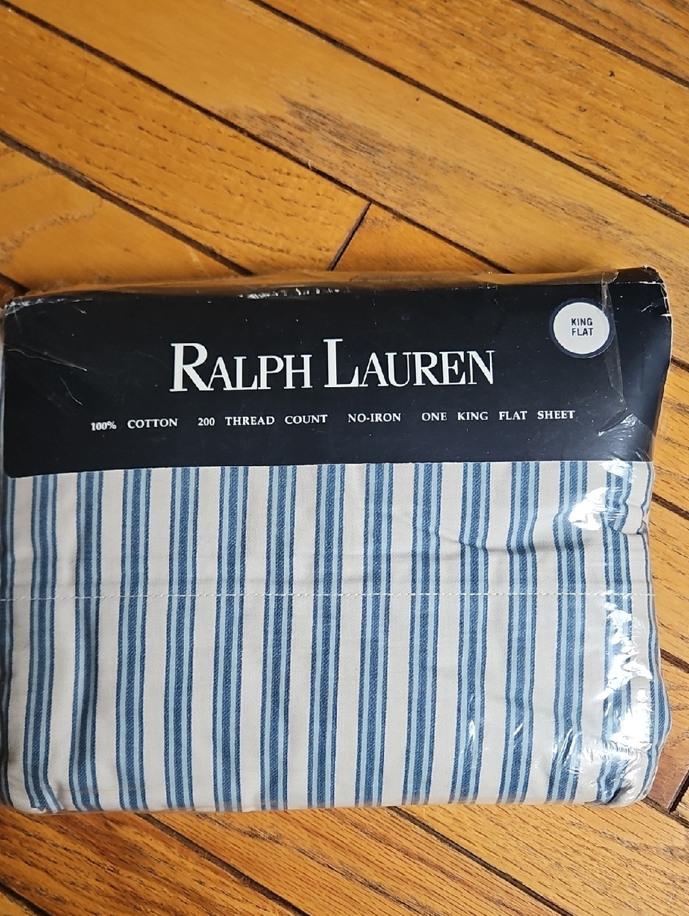 Sealed Vintage Ralph Lauren Blue/White Claudine Blue Striped King Flat Sheet